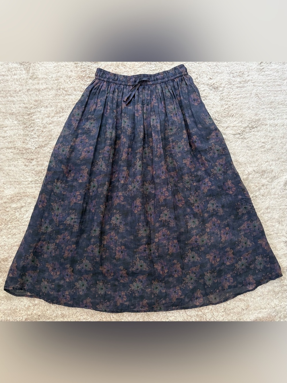 Women’s Linen (Ramie) Floral elastic waist Midi Skirt with pockets